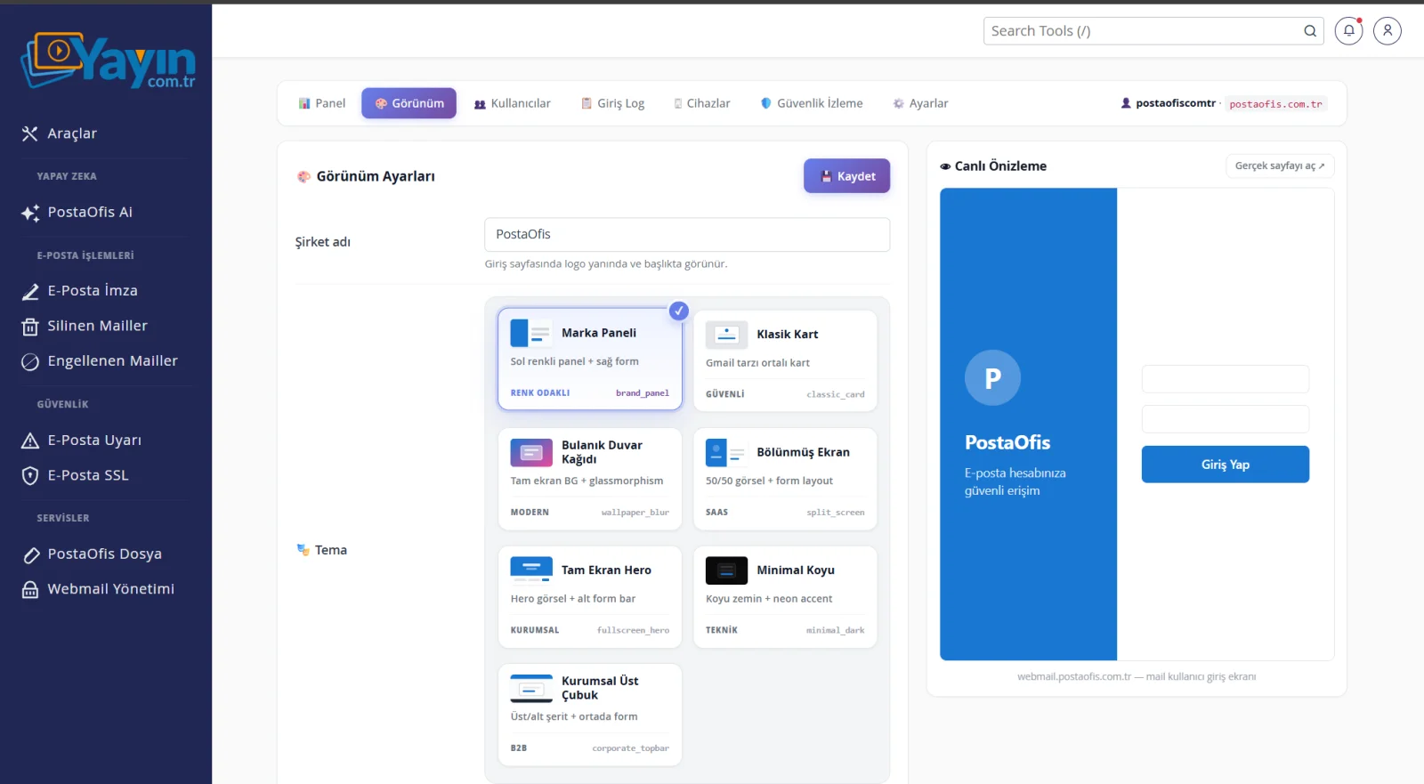 Webmail Yönetimi ve İki Adımlı Doğrulama — Görünüm — Giriş Sayfasını Markalaştırma
