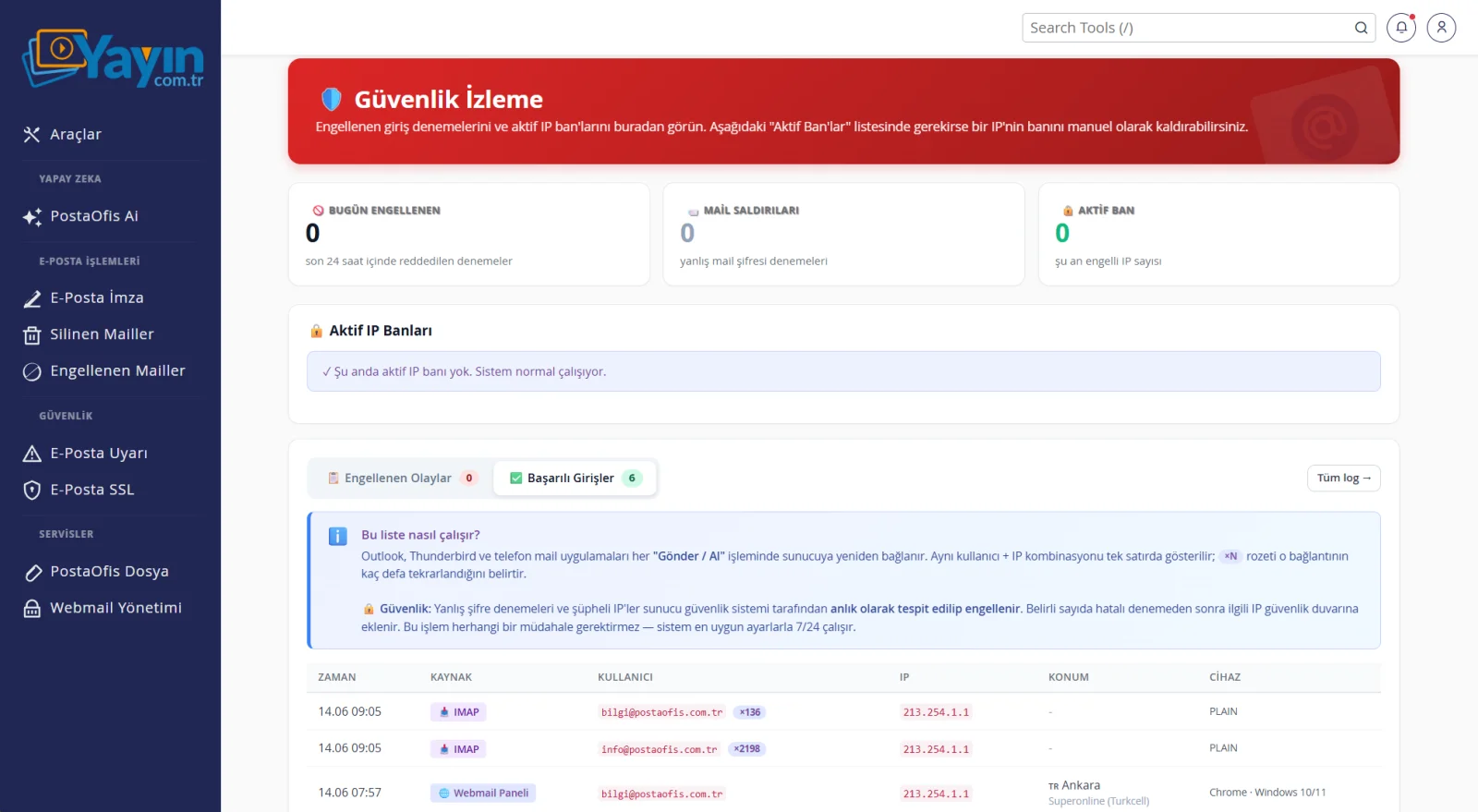Webmail Yönetimi ve İki Adımlı Doğrulama — Güvenlik İzleme — Saldırıları Anlık Görün