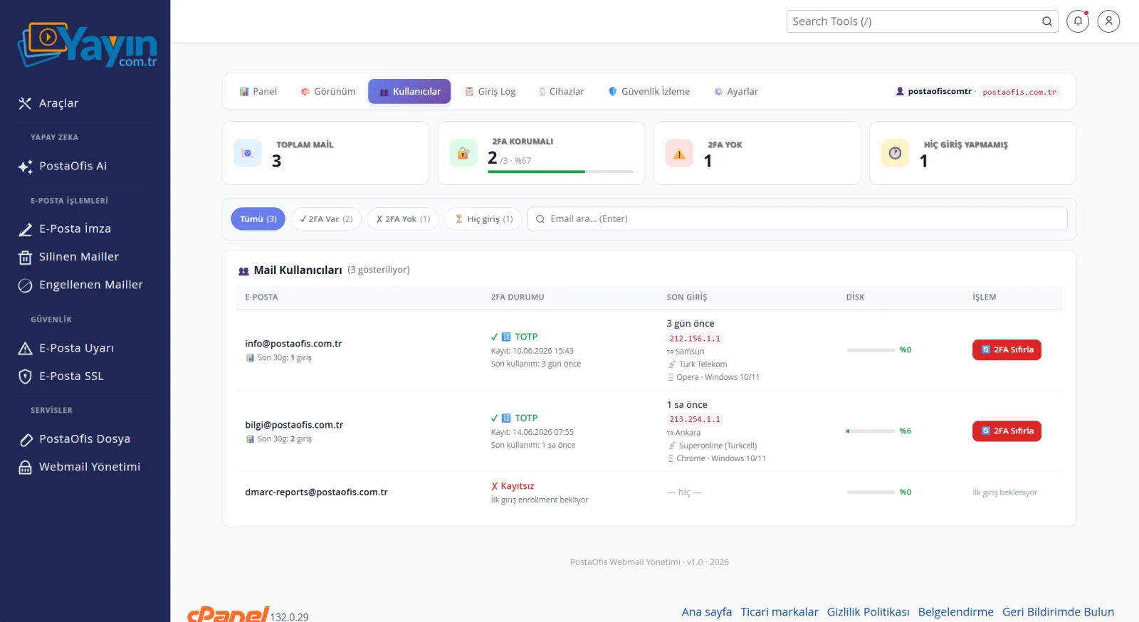 Webmail Yönetimi ve İki Adımlı Doğrulama — Kullanıcılar — 2FA Durumu ve Yönetimi