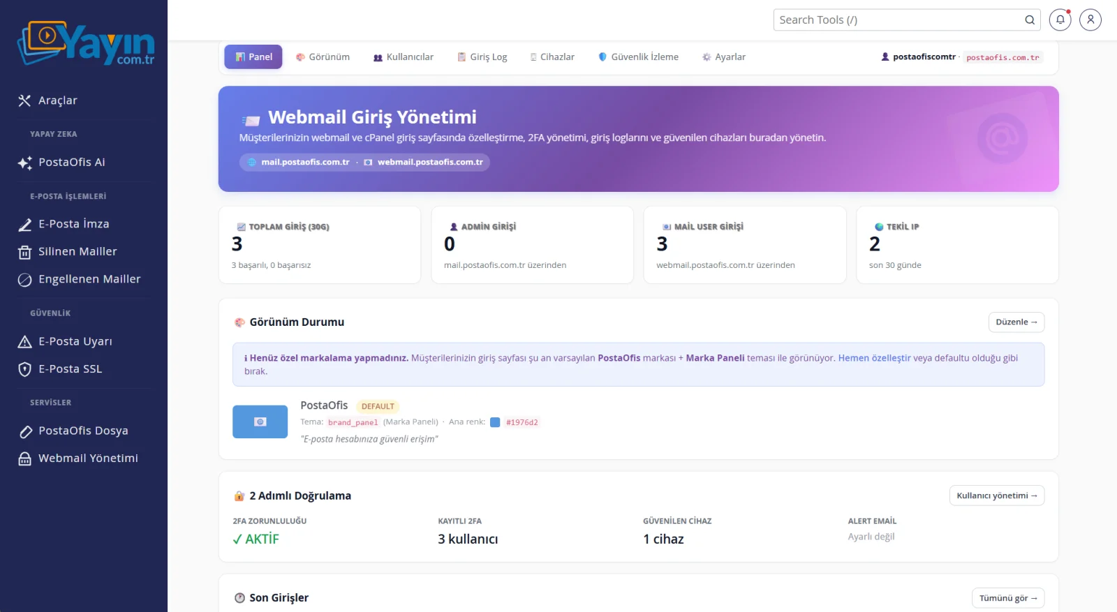 Webmail Yönetimi ve İki Adımlı Doğrulama — Panel — Genel Bakış